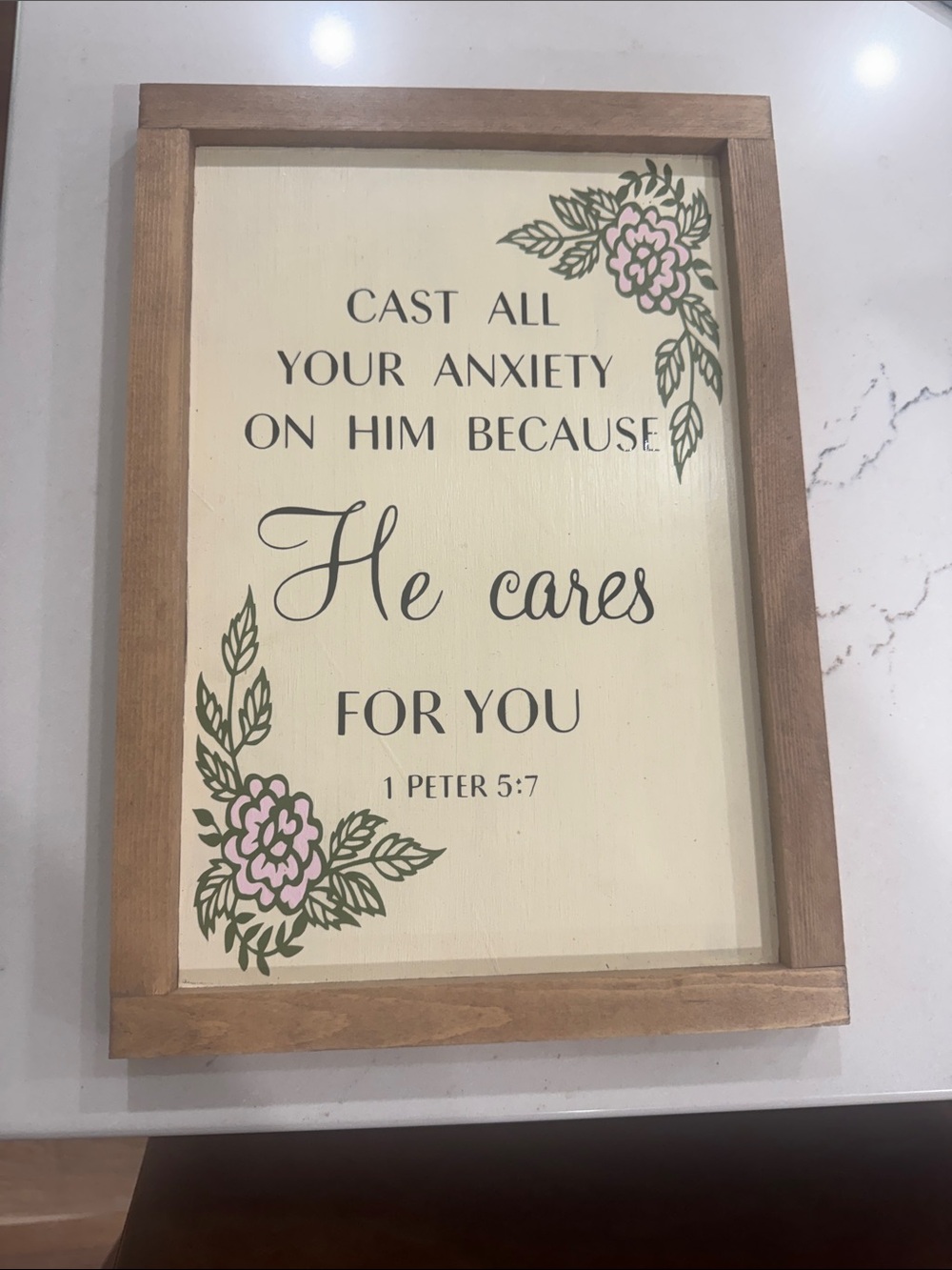 He Cares Framed Scripture Sign - Floral Accent